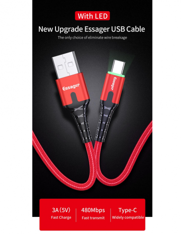 Essager USB C Type Samsung Red 2m LED Cable